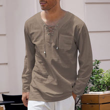 Load image into Gallery viewer, Men&#39;s Cotton Linen Casual Lace-Up V-Neck Long Sleeve T-Shirt

