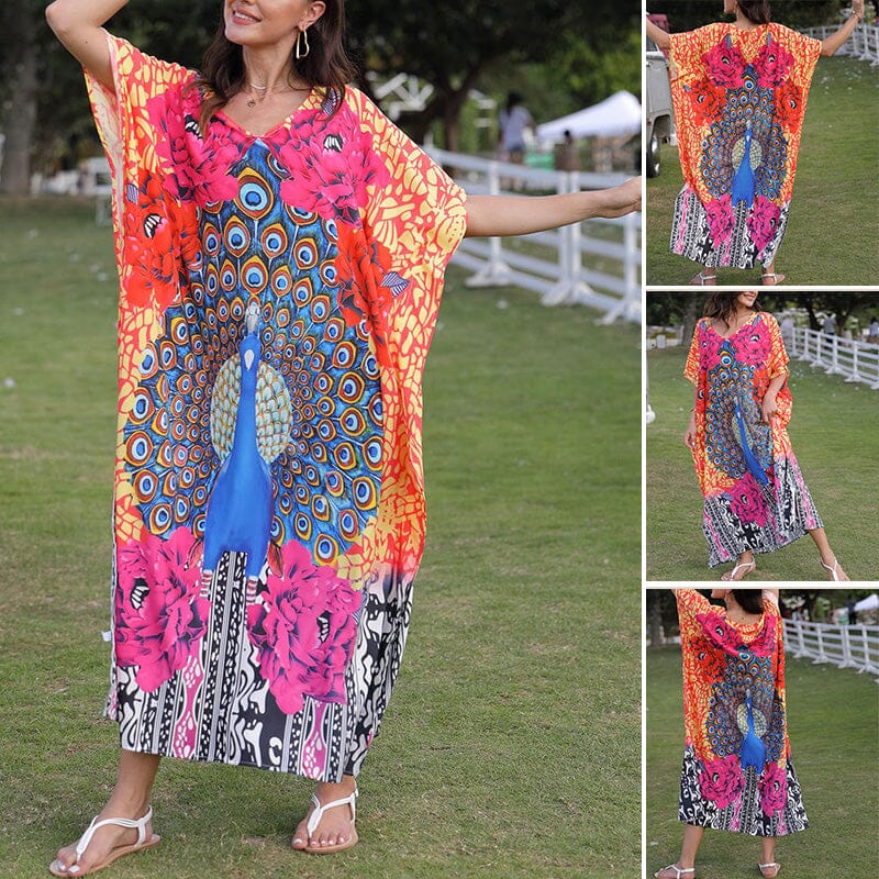 V-Neck Beach Dress With Peacock Print