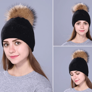 Women Wool Fox Fur Poms Warm Knitted Casual Hat