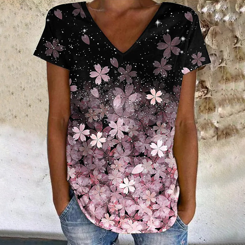 Colorful Flower Print V-neck Short Sleeves