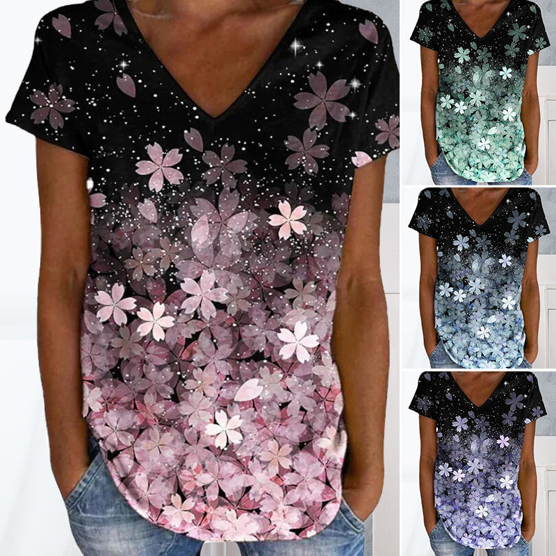 Colorful Flower Print V-neck Short Sleeves