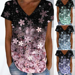 Colorful Flower Print V-neck Short Sleeves