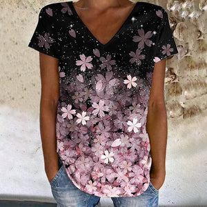 Colorful Flower Print V-neck Short Sleeves