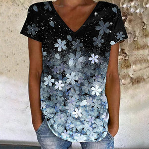 Colorful Flower Print V-neck Short Sleeves