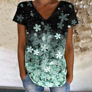 Colorful Flower Print V-neck Short Sleeves