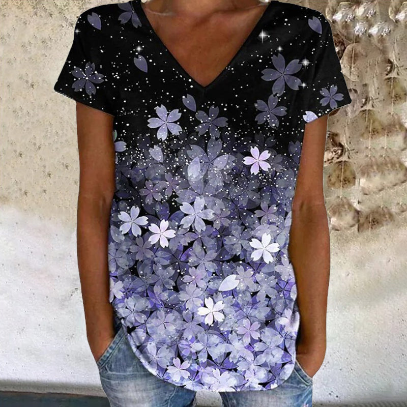 Colorful Flower Print V-neck Short Sleeves