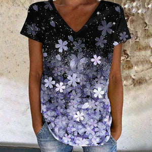 Colorful Flower Print V-neck Short Sleeves