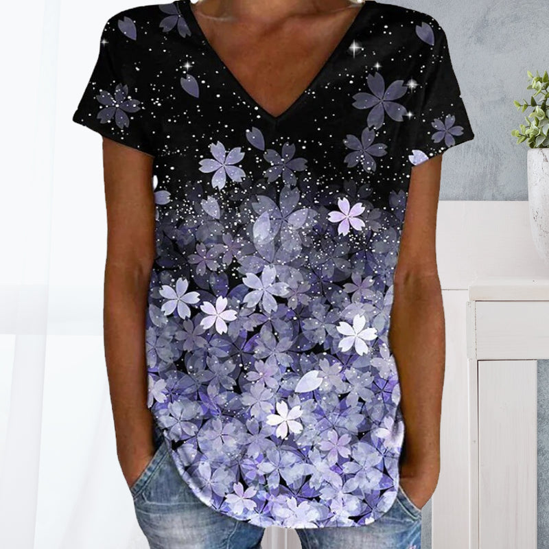 Colorful Flower Print V-neck Short Sleeves