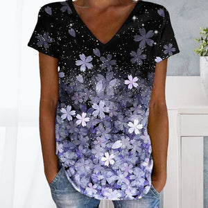 Colorful Flower Print V-neck Short Sleeves