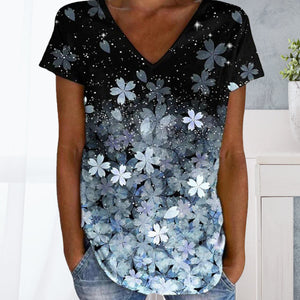Colorful Flower Print V-neck Short Sleeves
