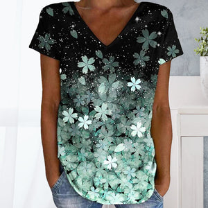 Colorful Flower Print V-neck Short Sleeves