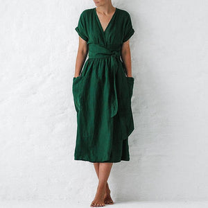 Cotton Linen Waist-Tie Pocket Dress