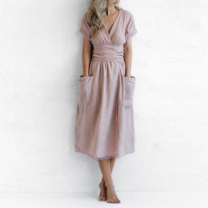 Cotton Linen Waist-Tie Pocket Dress