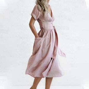 Cotton Linen Waist-Tie Pocket Dress