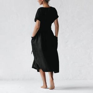 Cotton Linen Waist-Tie Pocket Dress