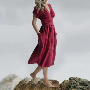 Cotton Linen Waist-Tie Pocket Dress