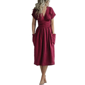 Cotton Linen Waist-Tie Pocket Dress