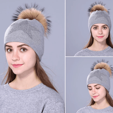 Load image into Gallery viewer, Women Wool Fox Fur Poms Warm Knitted Casual Hat
