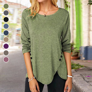 Irregular Button Long Sleeve Crew Neck Casual T-Shirt