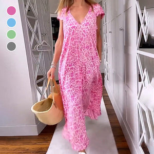 V-neck printed long dress with short sleeves