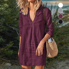 Load image into Gallery viewer, Solid color V-neck Cotton and Linen Dress
