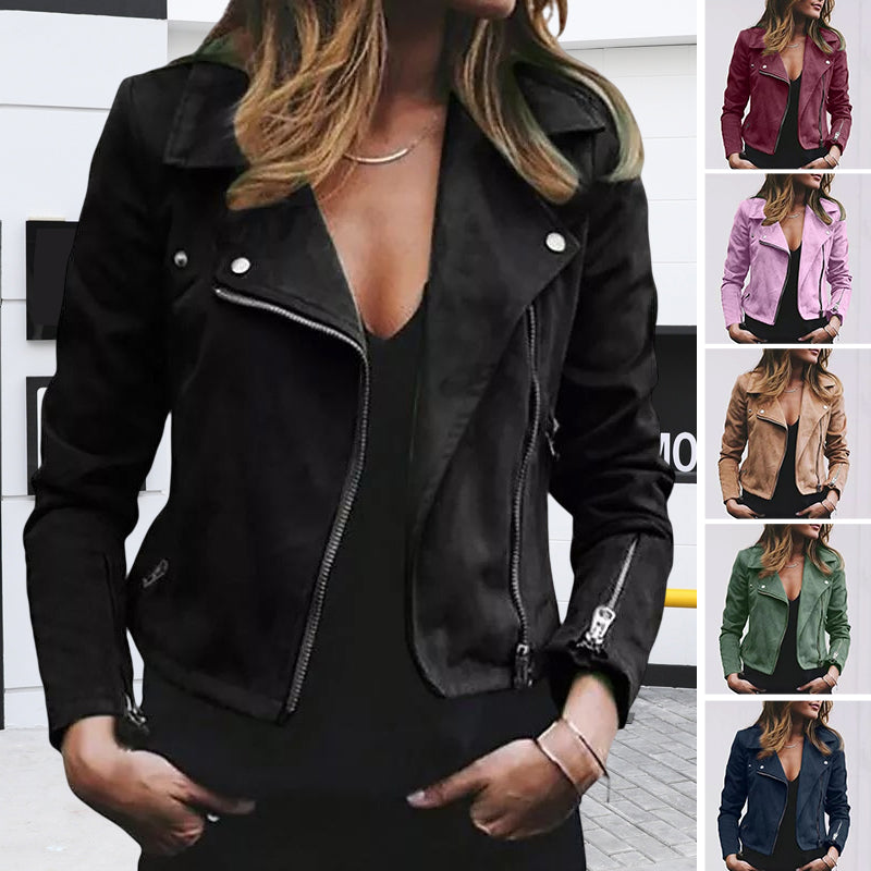 Women's Long-sleeve Lapel Diagonal Zipper Short Jacket Coat