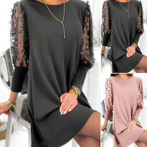 Plain Dress with Round Neck and Puff Sleeves