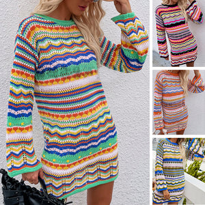 Crewneck Rainbow Striped Knit Sweater