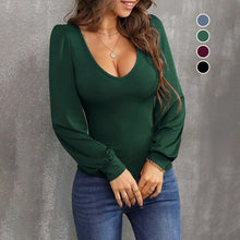 Load image into Gallery viewer, Balloon Sleeve U-Neck Slim Knit Tops
