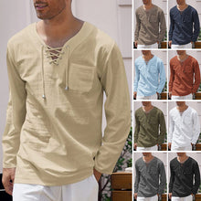 Load image into Gallery viewer, Men&#39;s Cotton Linen Casual Lace-Up V-Neck Long Sleeve T-Shirt
