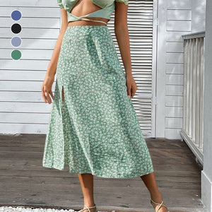 Women's Floral Print Side Slit Midi Long Boho Skirt