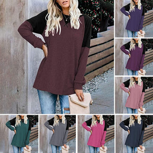 Round Neck Long Sleeve Color Block T-Shirt