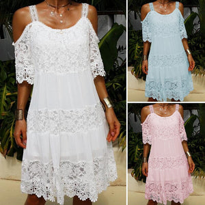 Lace Solid Shift Cold Shoulder Short Sleeves Midi Elegant Dresses