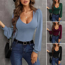 Load image into Gallery viewer, Balloon Sleeve U-Neck Slim Knit Tops
