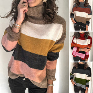 High-neck Paneled Knitted Striped Sweater