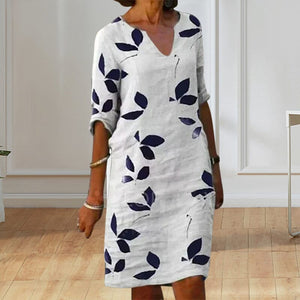 Ladies Printed Linen Short Sleeve V-Neck Dress