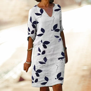 Ladies Printed Linen Short Sleeve V-Neck Dress