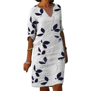 Ladies Printed Linen Short Sleeve V-Neck Dress