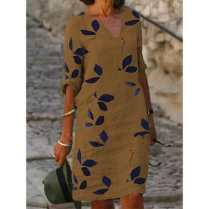 Ladies Printed Linen Short Sleeve V-Neck Dress