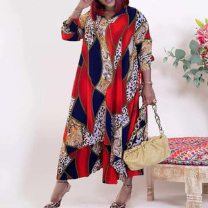 Large Size Printed V-neck Long-sleeved Loose Dress