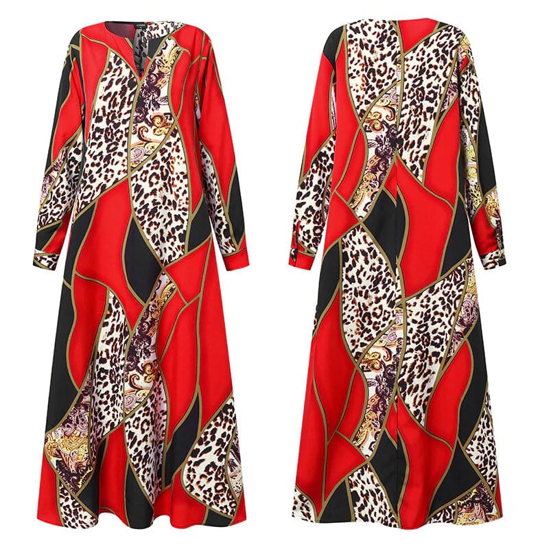 Large Size Printed V-neck Long-sleeved Loose Dress