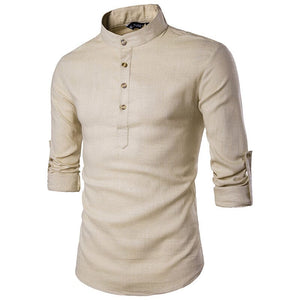 Casual Fashionable Solid Color Long Sleeve Linen Shirt With Stand Collar