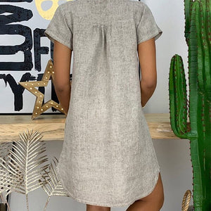 Loose V-Neck Short Sleeve Solid Cotton Linen Dress