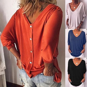3/4 Sleeve Back Buttons V Neck Tops