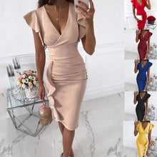 Load image into Gallery viewer, V-Neck Ruffle Hem Ruched Dress
