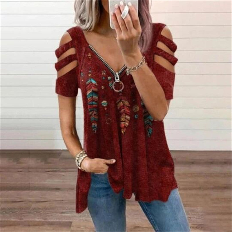 V-Neck Zip Pullover Print Short Sleeves