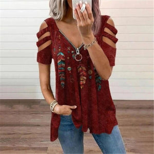 V-Neck Zip Pullover Print Short Sleeves