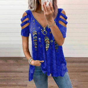 V-Neck Zip Pullover Print Short Sleeves