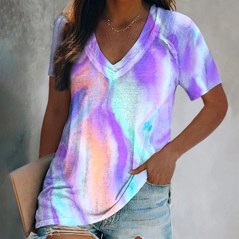 V-neck Rainbow Butterfly Printing Women's Cozy T-shirts