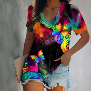 V-neck Rainbow Butterfly Printing Women's Cozy T-shirts